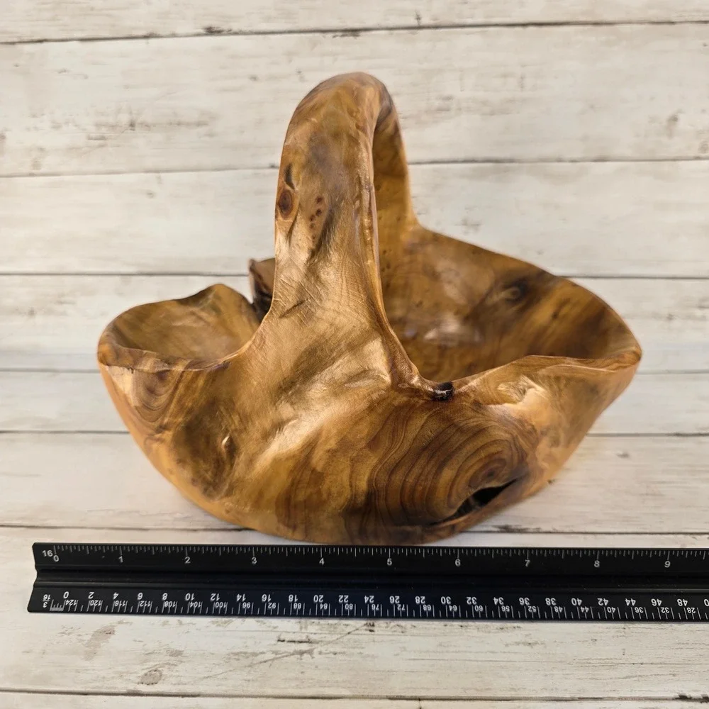 Hand Carved Live Edge Cedar Wood Basket Rustic Log Centerpiece Bowl with Handle